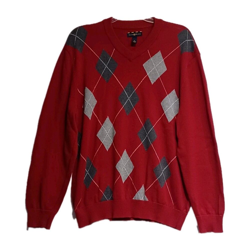 Club Room Men's Argyle 100%cotton  V-neck Sweater Size Large Dk Red And Gray's